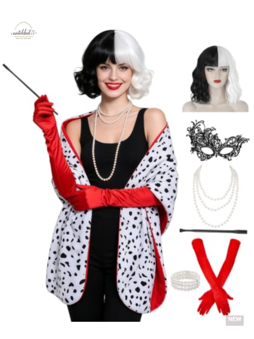 Women's Cruella Costume Set 8 Piece Velvet Shawl Cosplay Halloween